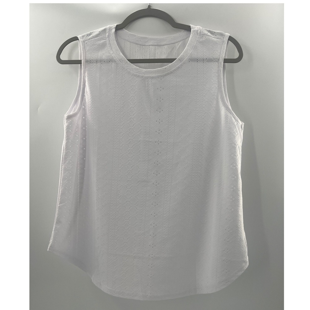 White‎ Eyelet Sleeveless Tank Top Crew Neck Curved Hem Boho Summer Blouse